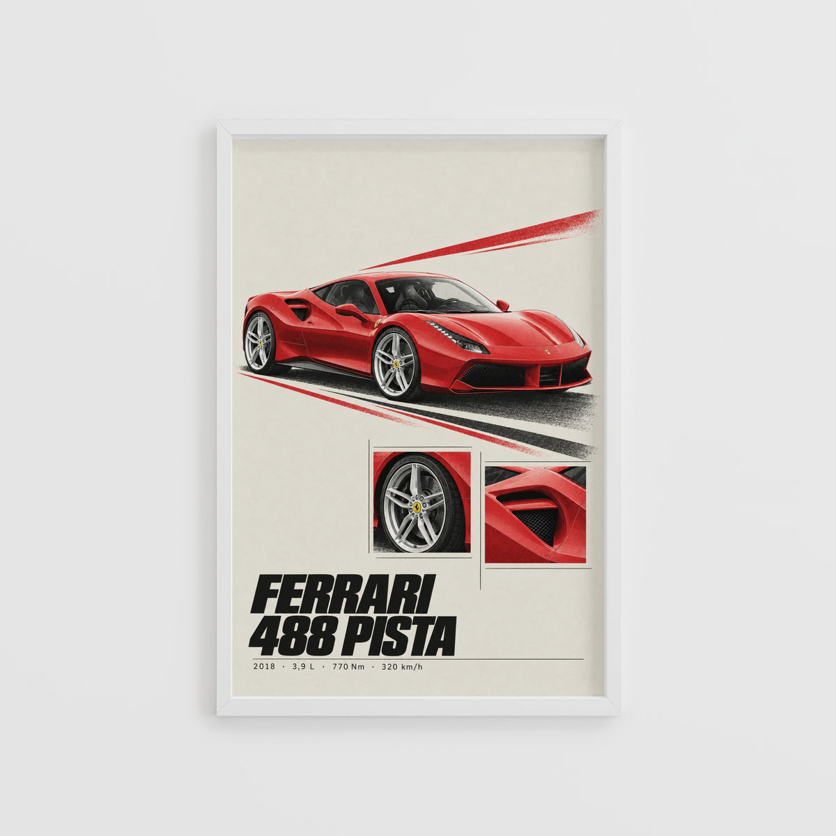 Vintage Ferrari 488 Pista Print, Supercar Wall Art