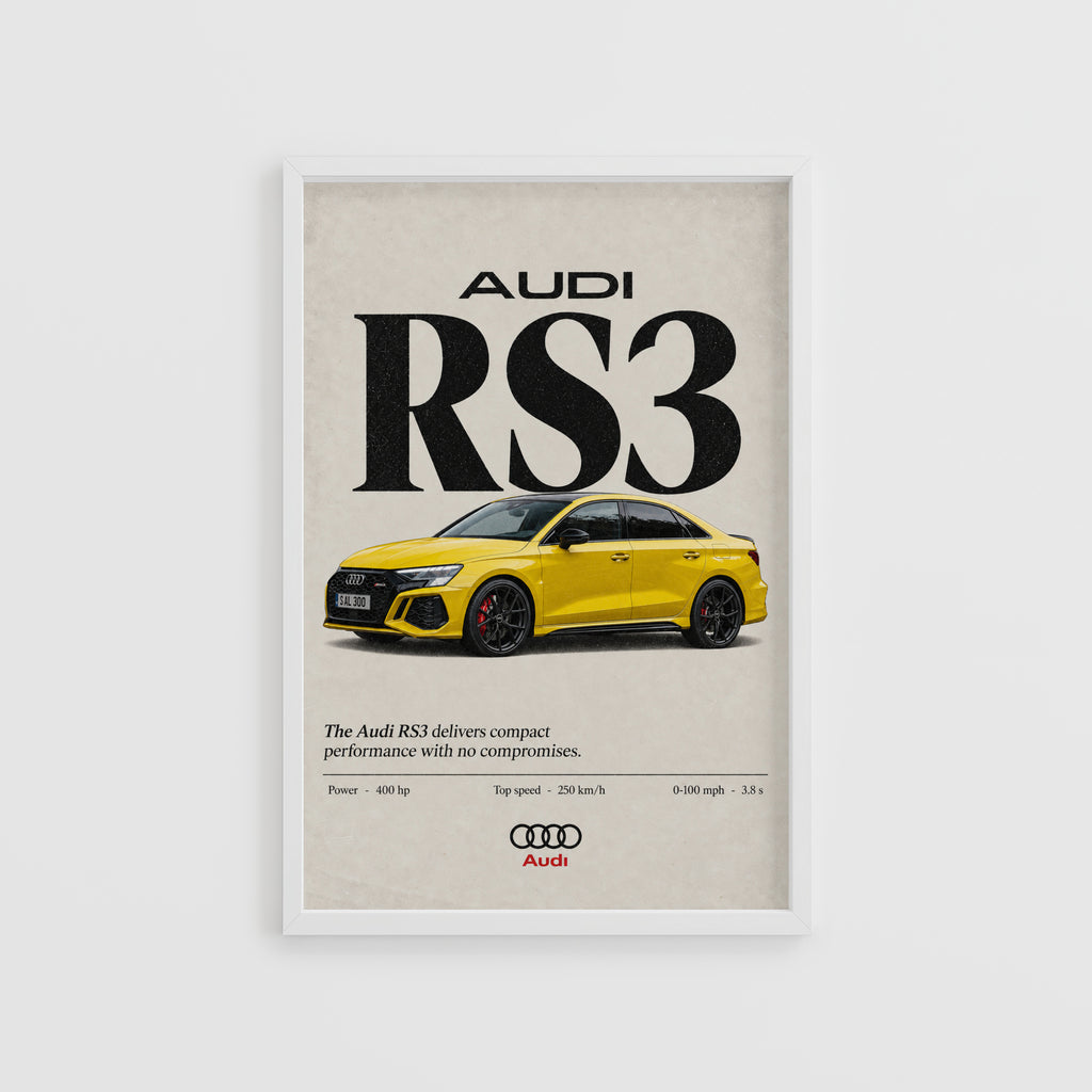 Vintage Audi RS3 Print, Yellow Sports Car Wall Art