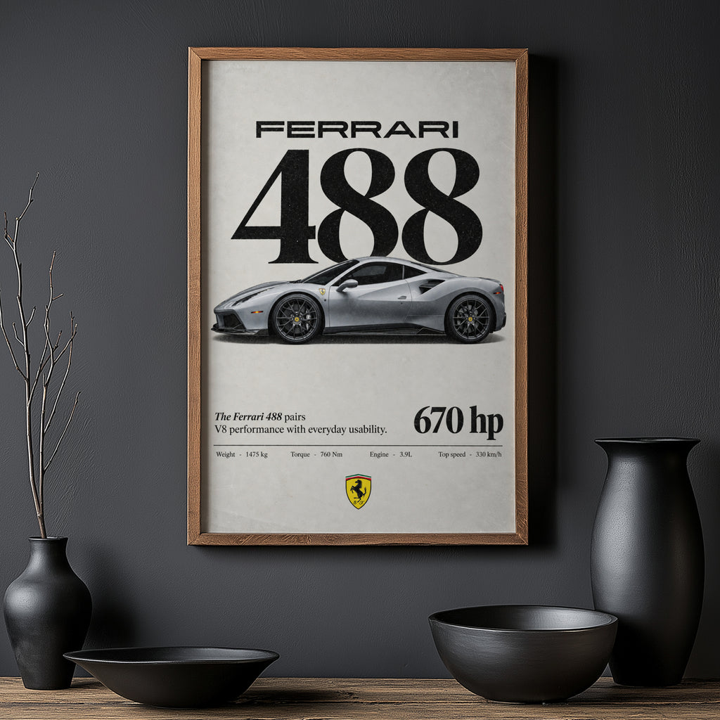 Vintage Ferrari 488 Print, Car Poster, Supercar Wall Art