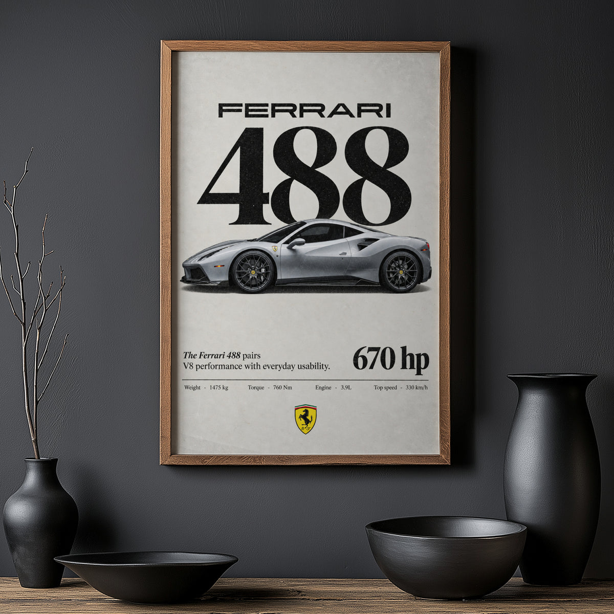 Vintage Ferrari 488 Print, Car Poster, Supercar Wall Art
