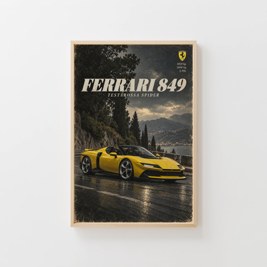 Vintage Ferrari Print, Yellow Supercar Wall Art