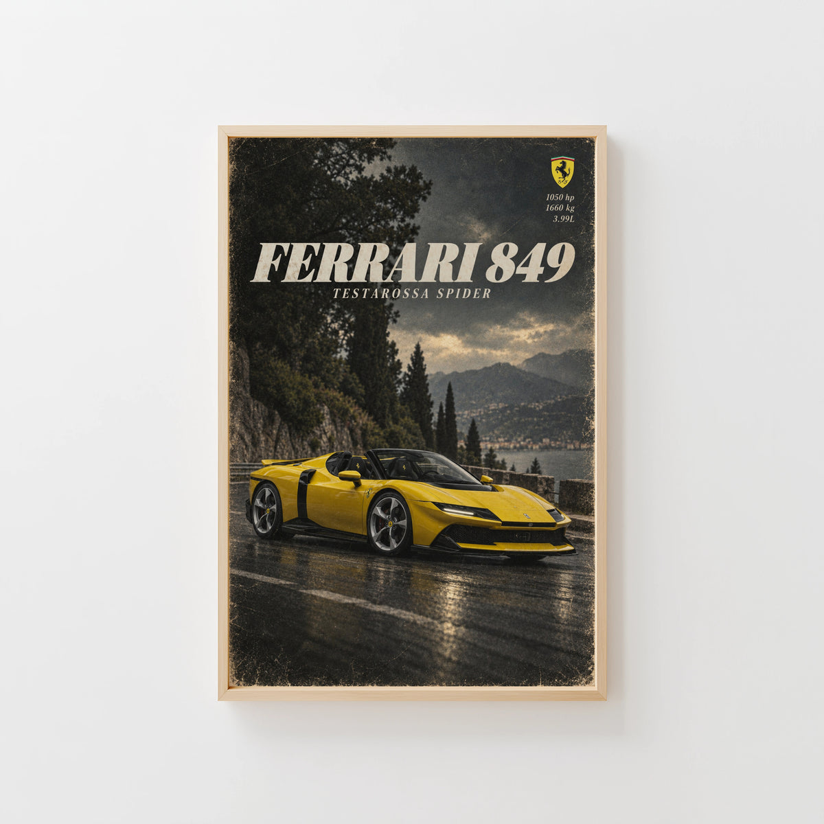 Vintage Ferrari Print, Yellow Supercar Wall Art