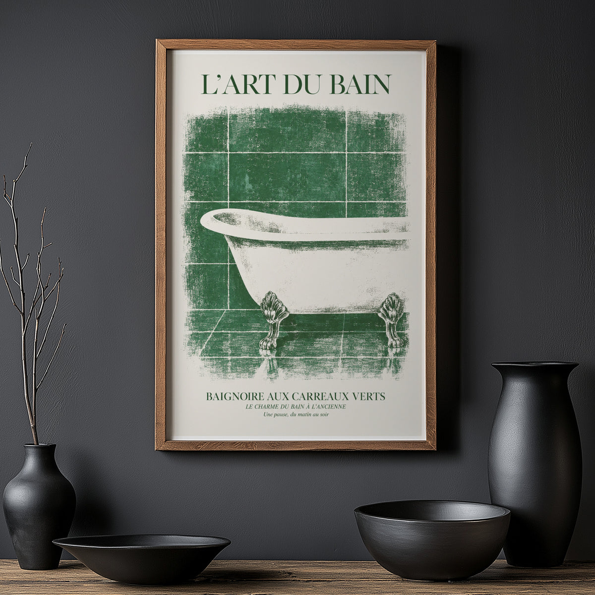 Vintage Bathroom Print and Poster, Green Tile Wall Art