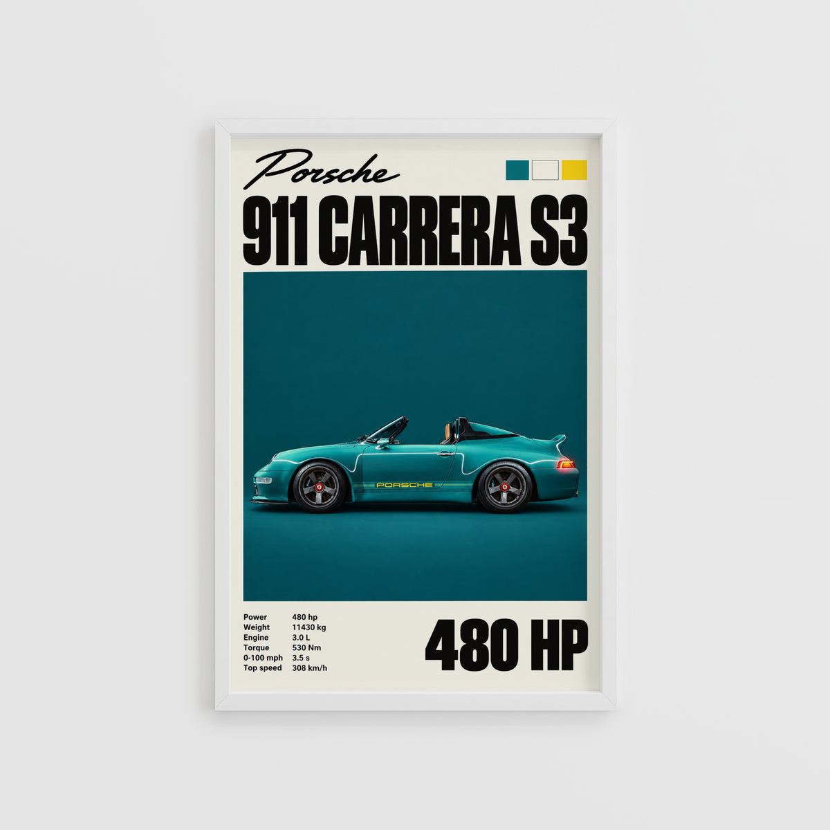 Vintage Porsche 911 Carrera S3 Print, Teal Car Art