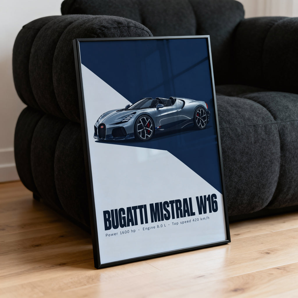 Vintage Bugatti Mistral W16 Print, Supercar Art