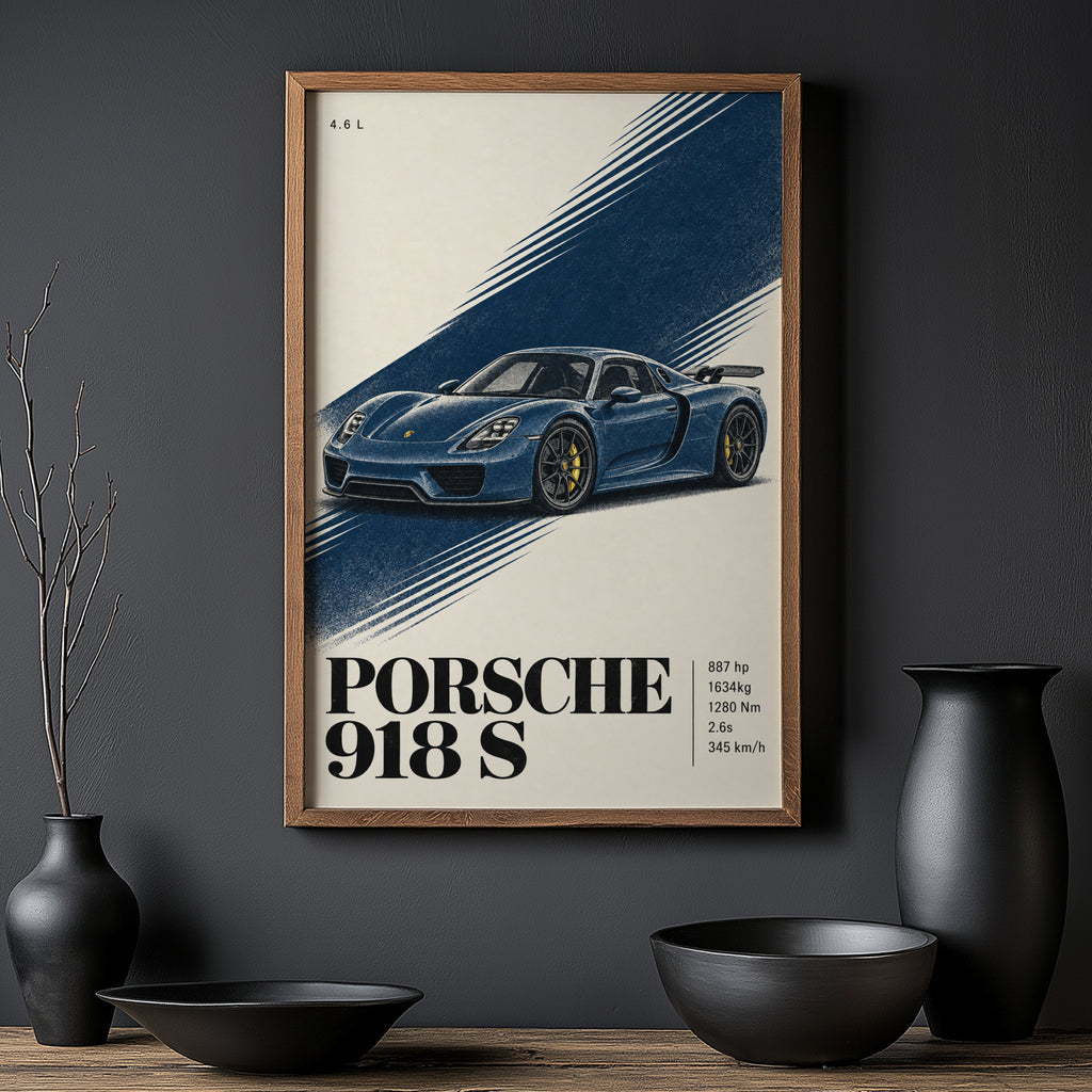 Vintage Porsche 918 S Print, Blue Car Wall Art