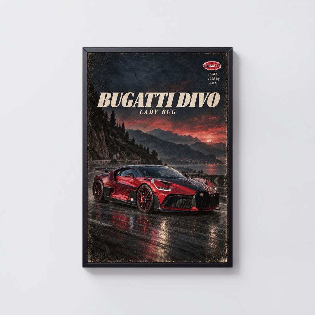 Vintage Bugatti Divo Print, Red Hypercar Wall Art