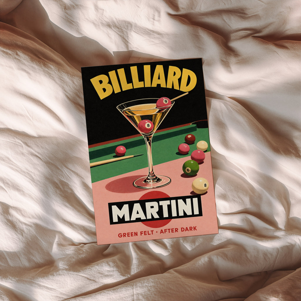 Vintage Billiard Martini Print Poster, Cocktail Bar Art