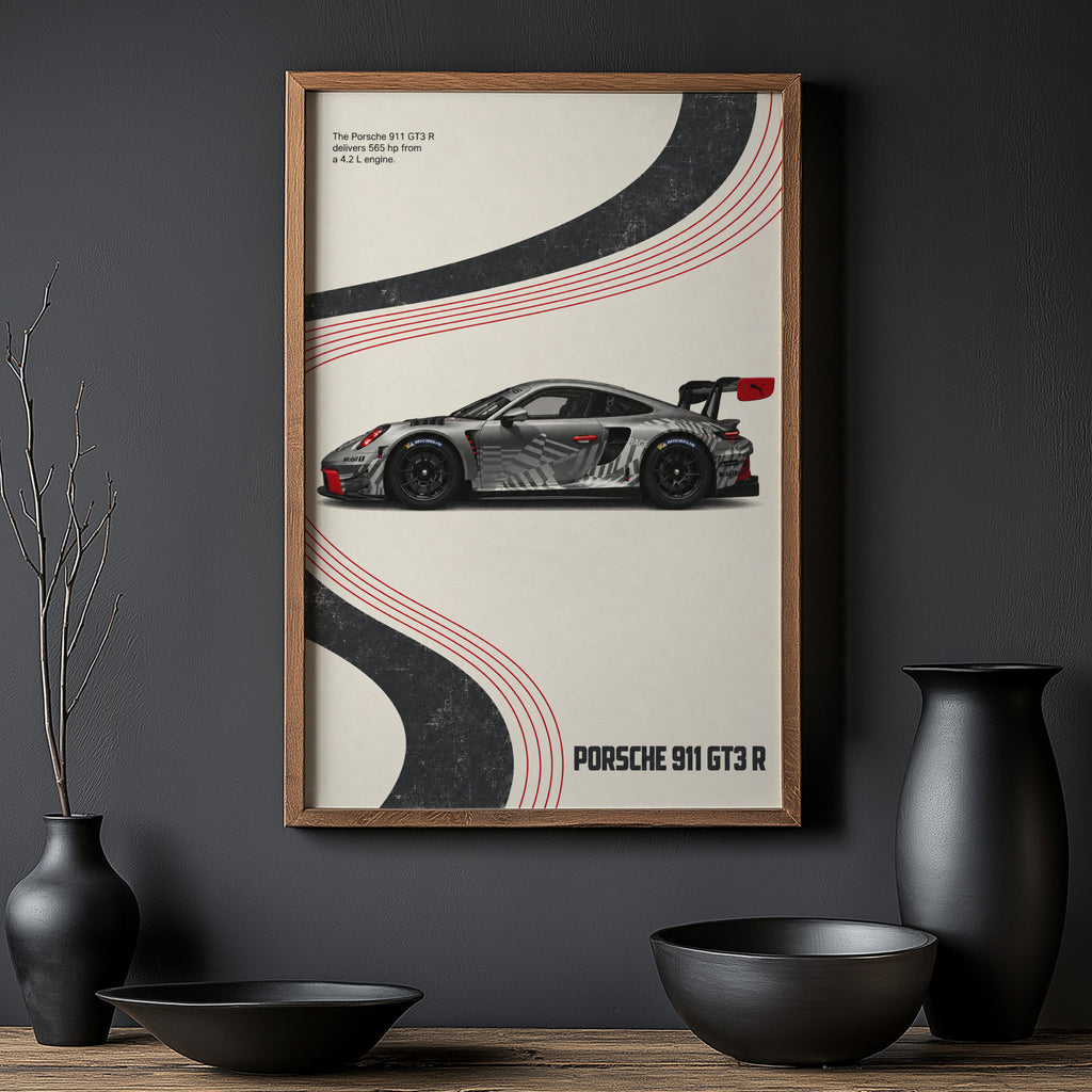 Vintage Porsche 911 GT3 R Print, Racing Wall Art
