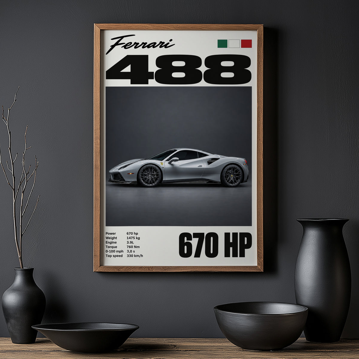 Vintage Ferrari 488 Print, Supercar Wall Art