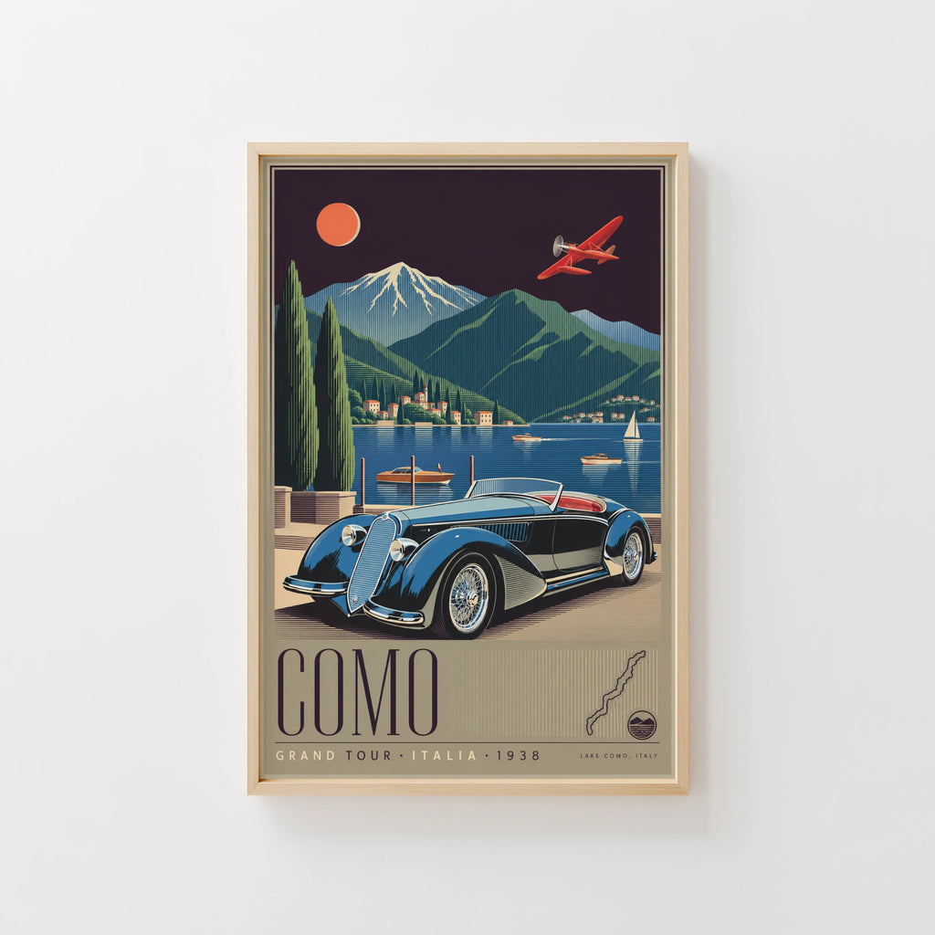 Vintage Lake Como Italy Poster, Art Deco Wall Art, Car Print