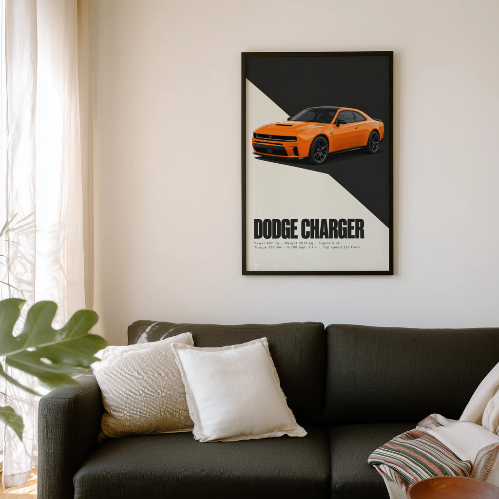 Vintage Dodge Charger Print, Orange Muscle Car Art