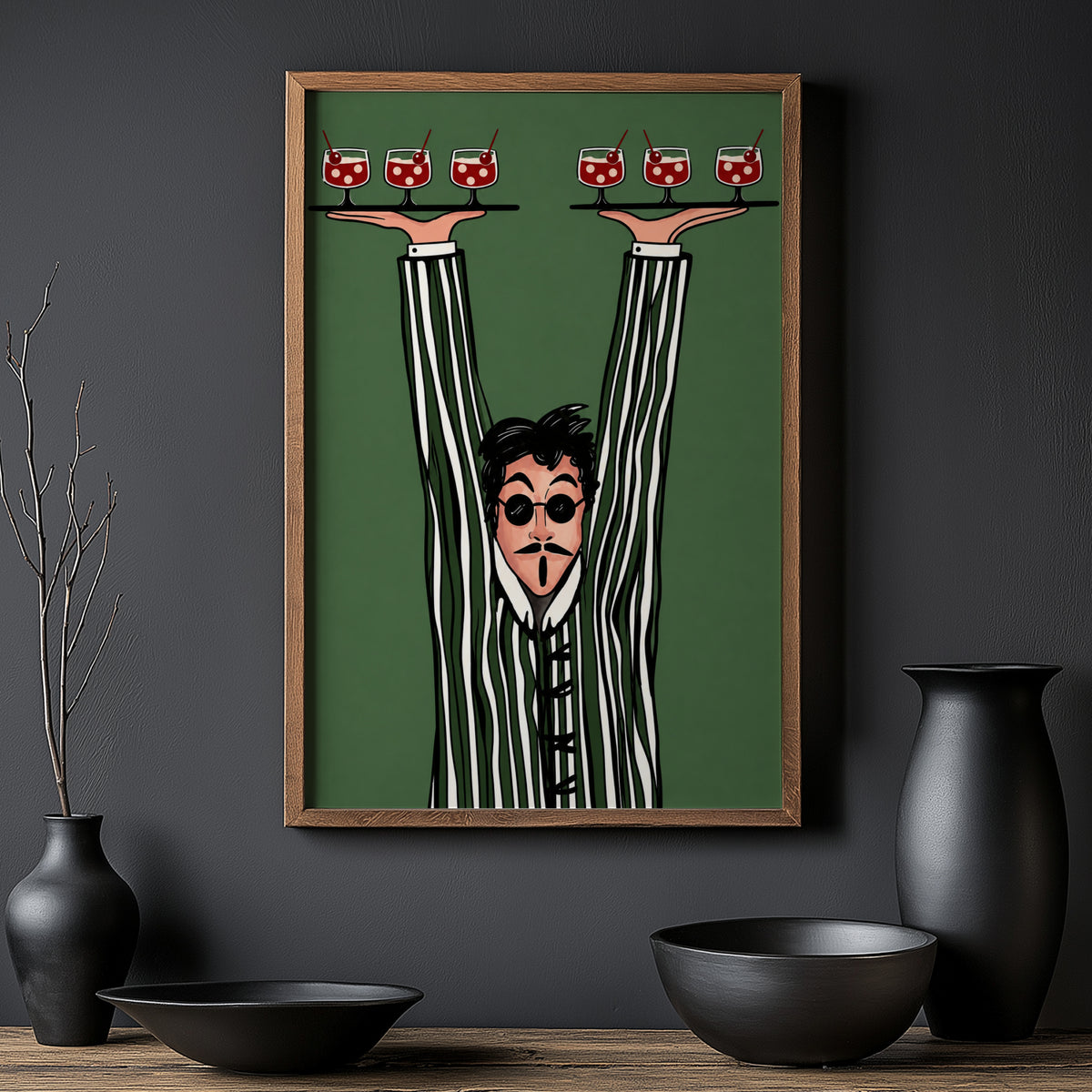 Vintage Cocktail Waiter Print Poster, Retro Bar Wall Art