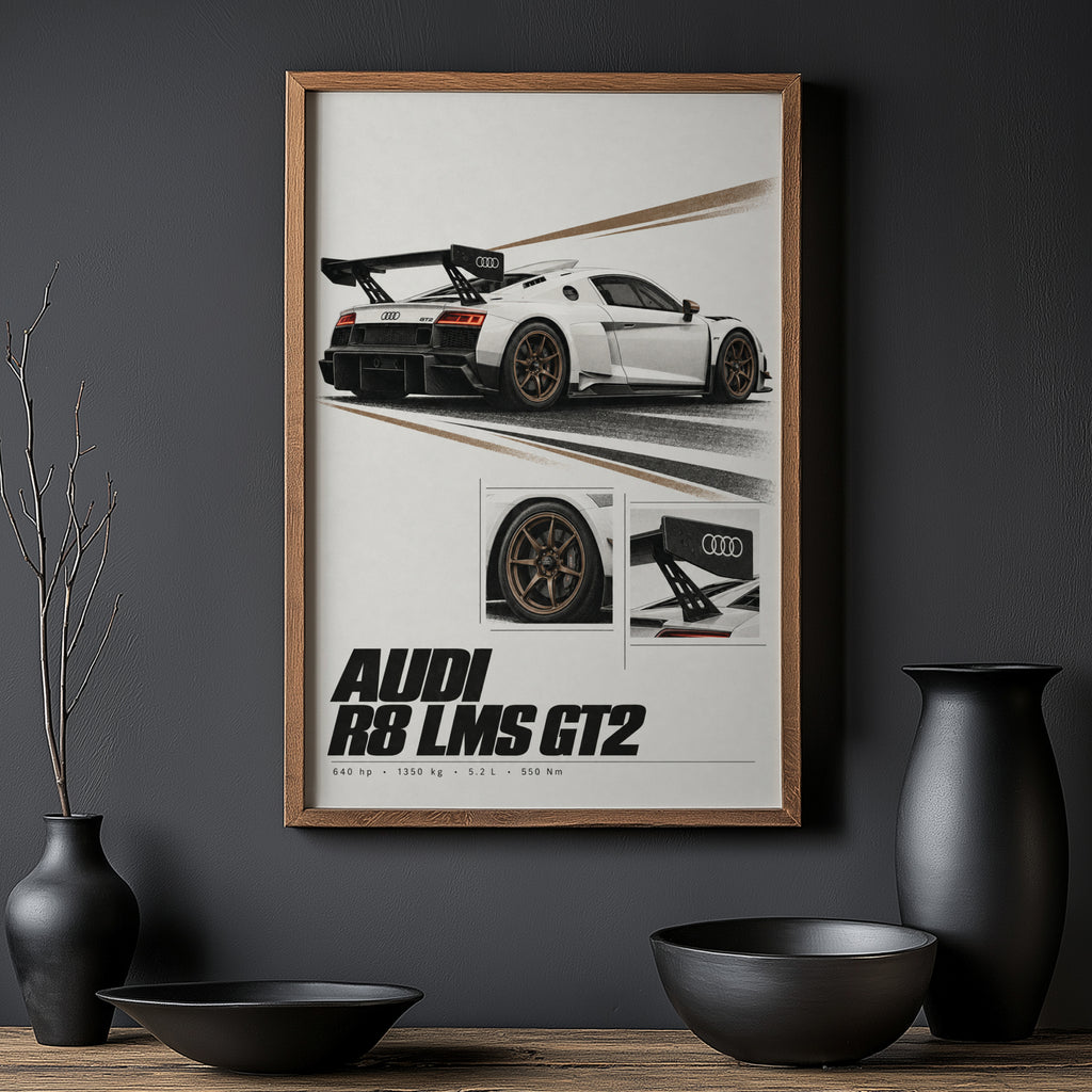 Vintage Audi R8 LMS GT2 Print, Racing Car Wall Art