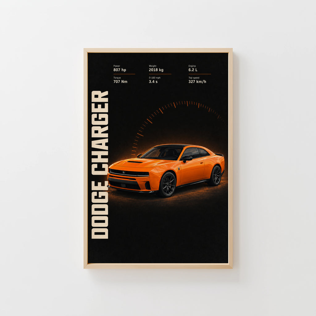 Vintage Dodge Charger Print, Orange Muscle Car