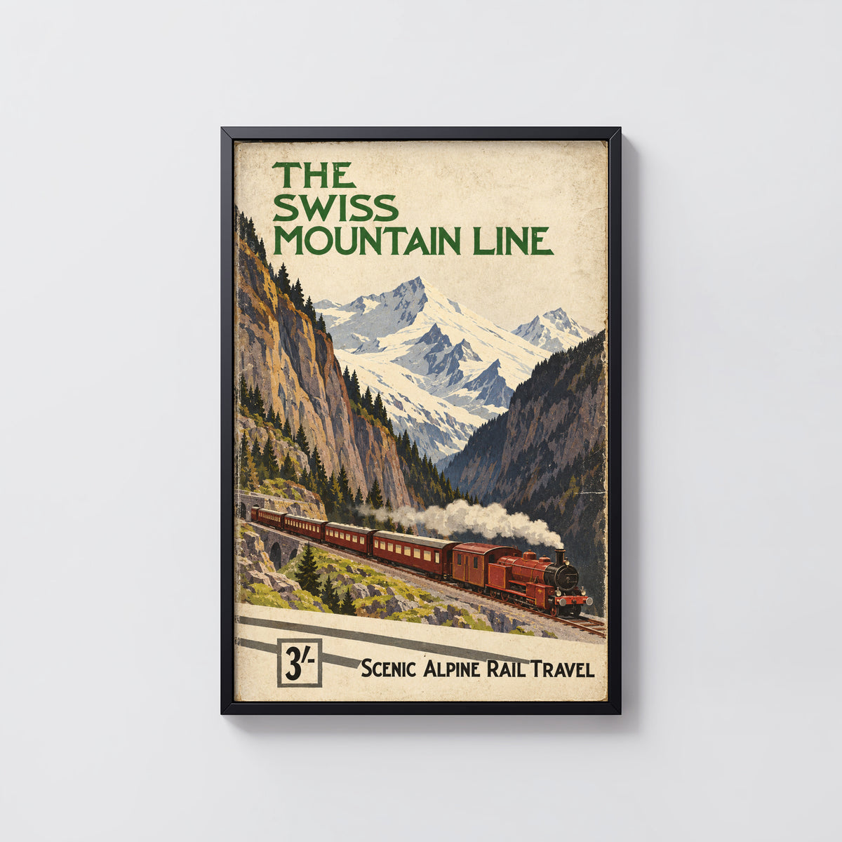 Vintage Swiss Mountain Line Print Poster, Alpine Train