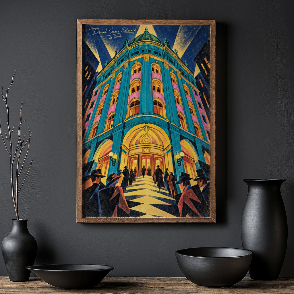 Vintage Art Deco Building Poster, Turquoise Dome Print
