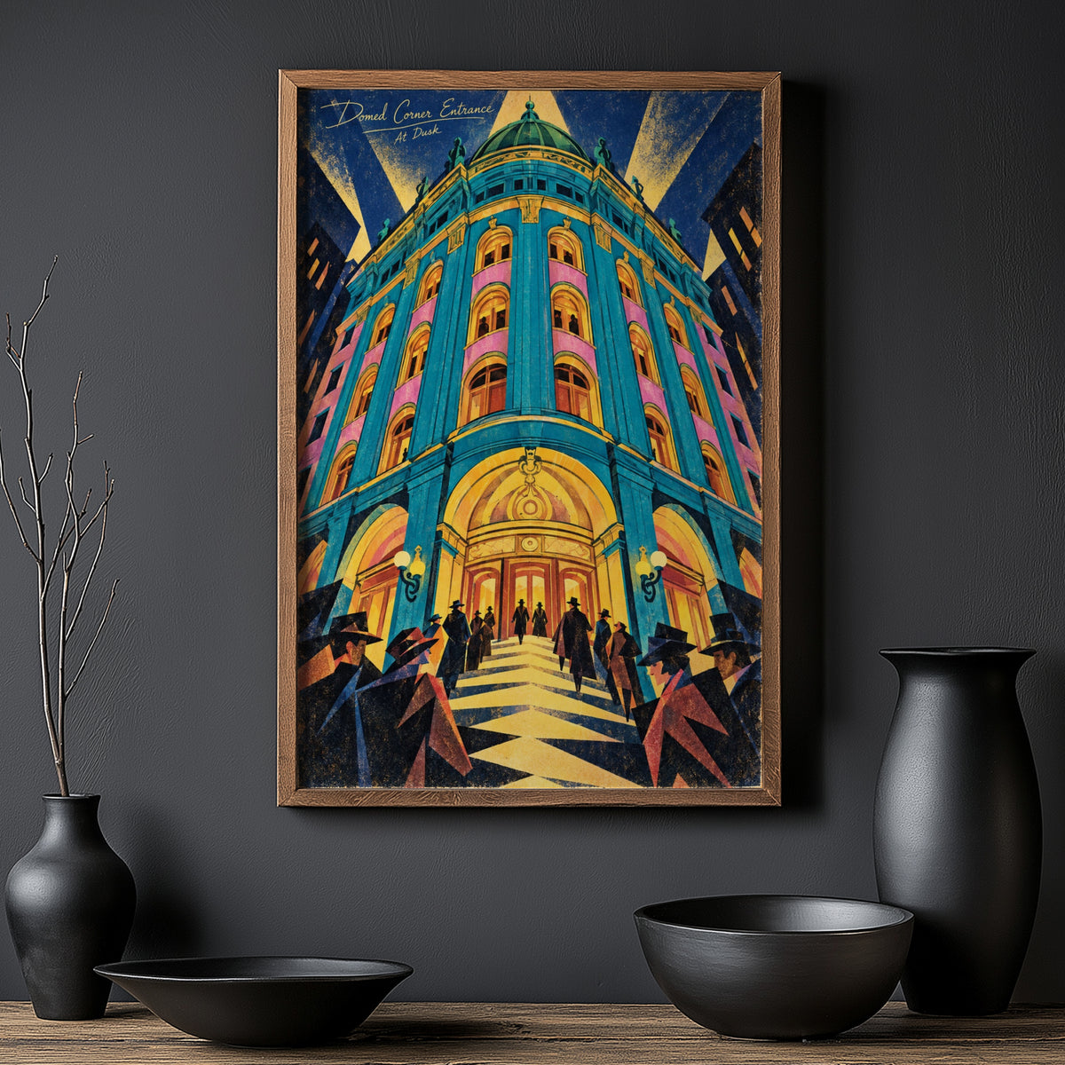 Vintage Art Deco Building Poster, Turquoise Dome Print