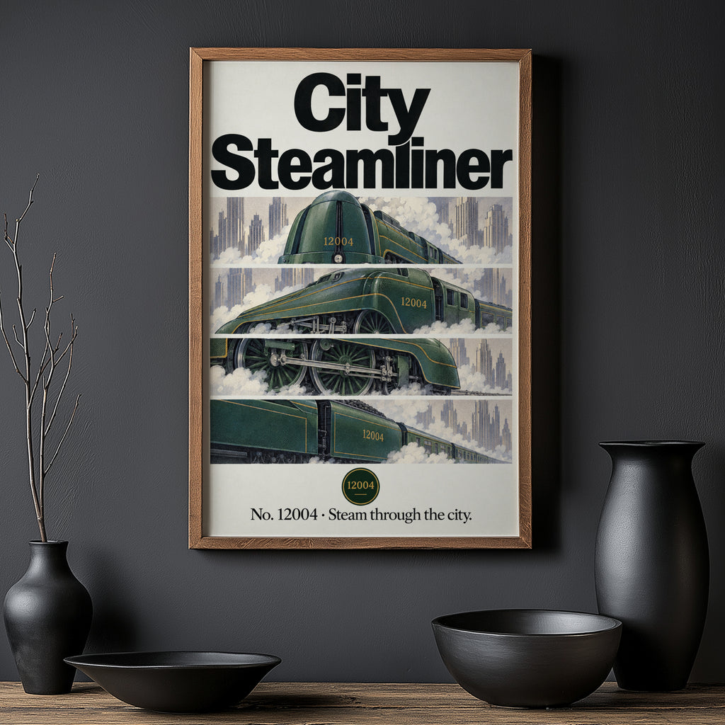 Vintage Steam Train Print Poster, Art Deco Locomotive