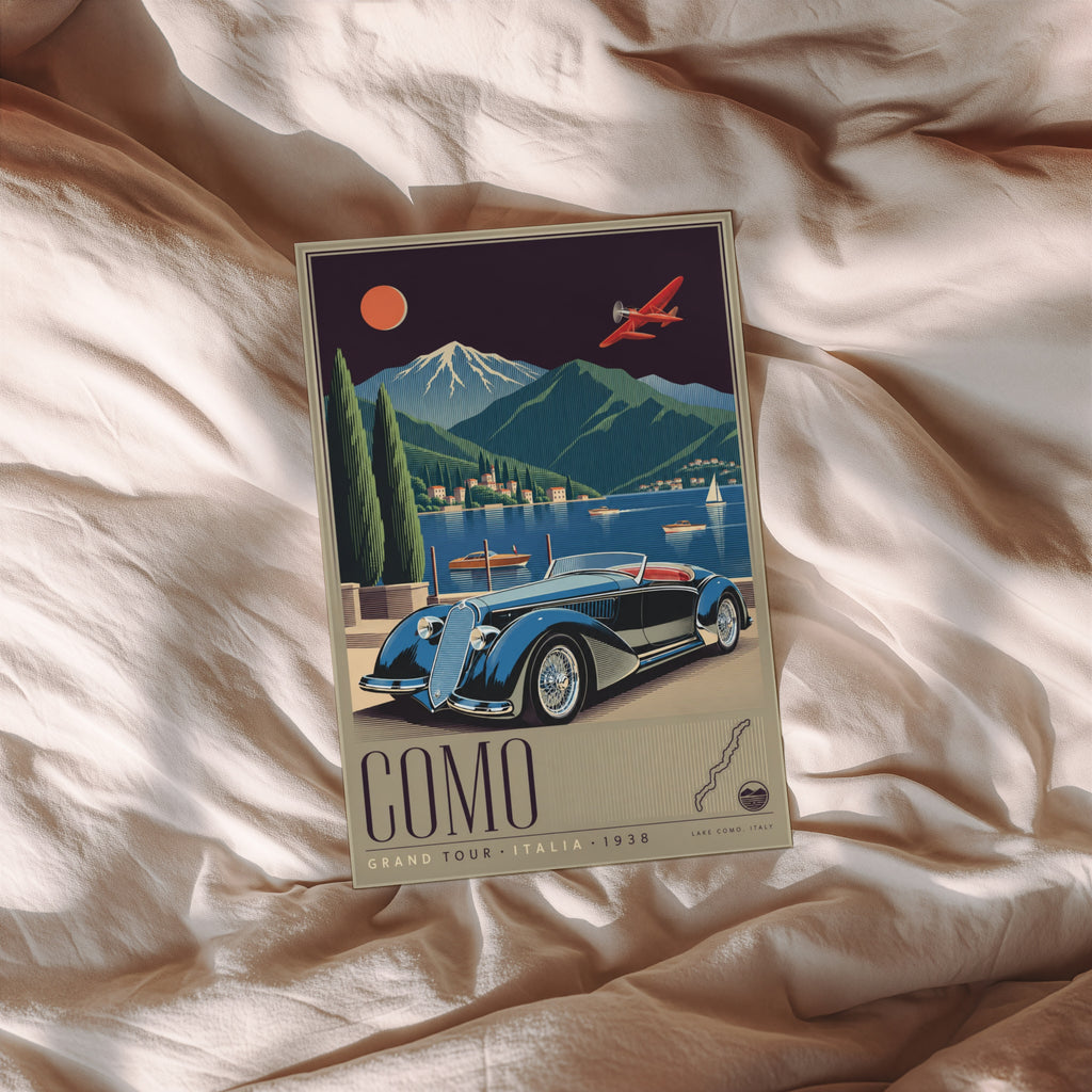 Vintage Lake Como Italy Poster, Art Deco Wall Art, Car Print