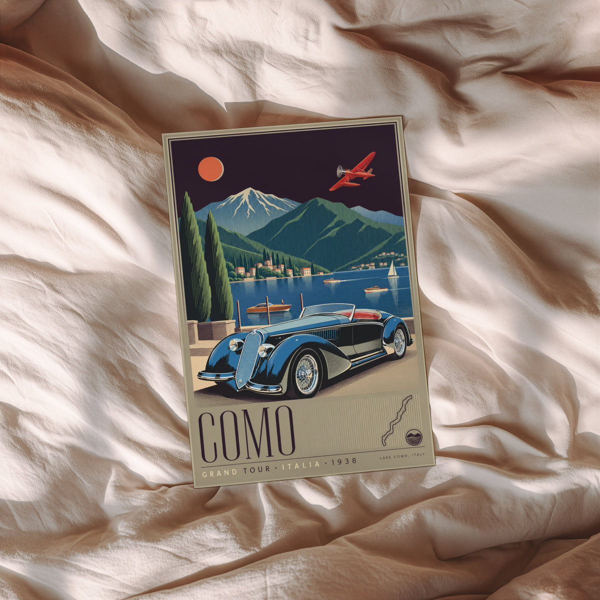 Vintage Lake Como Italy Poster, Art Deco Wall Art, Car Print