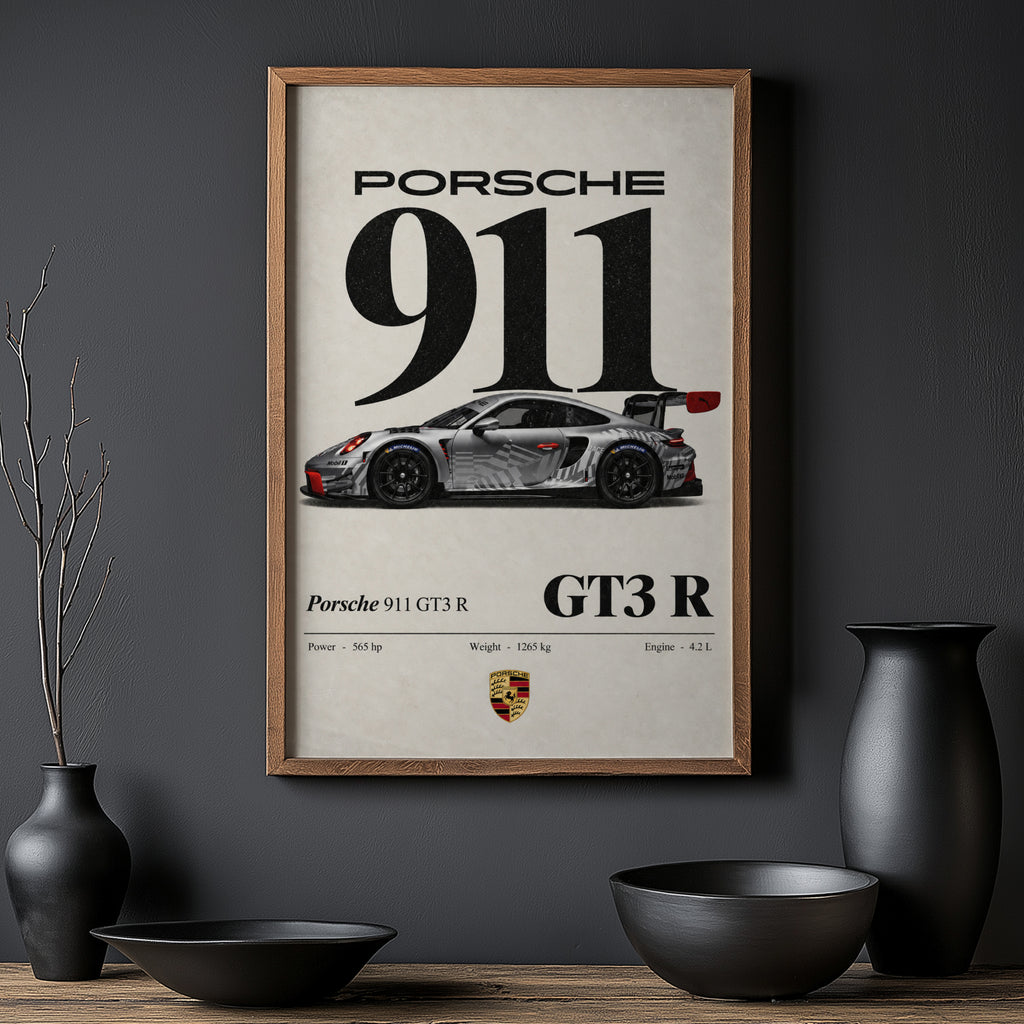 Vintage Porsche 911 GT3 R Print, Car Wall Art