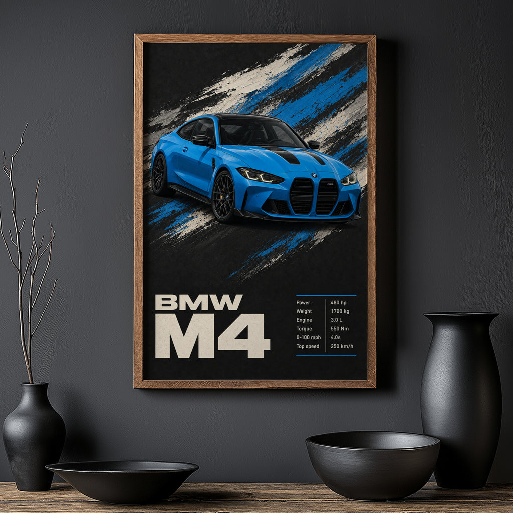 Vintage BMW M4 Print, Blue Car Wall Art