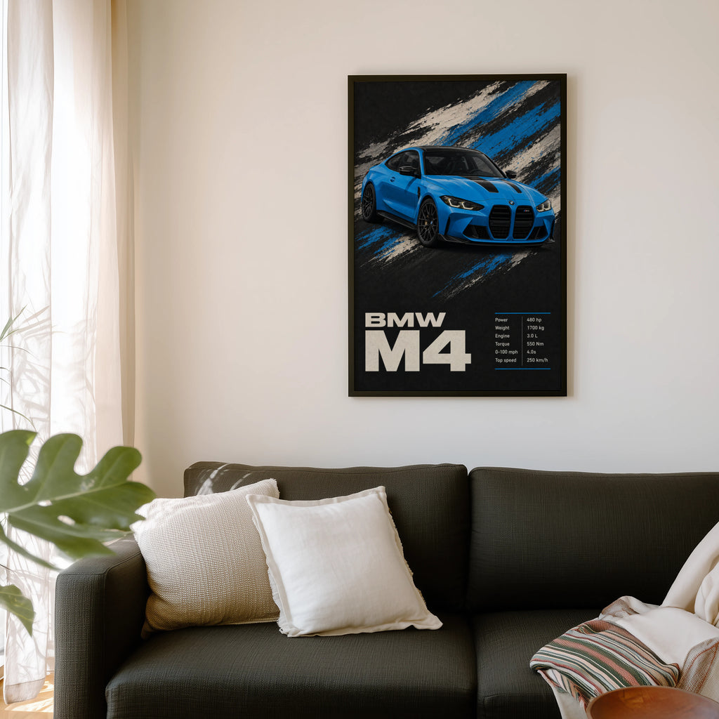 Vintage BMW M4 Print, Blue Car Wall Art