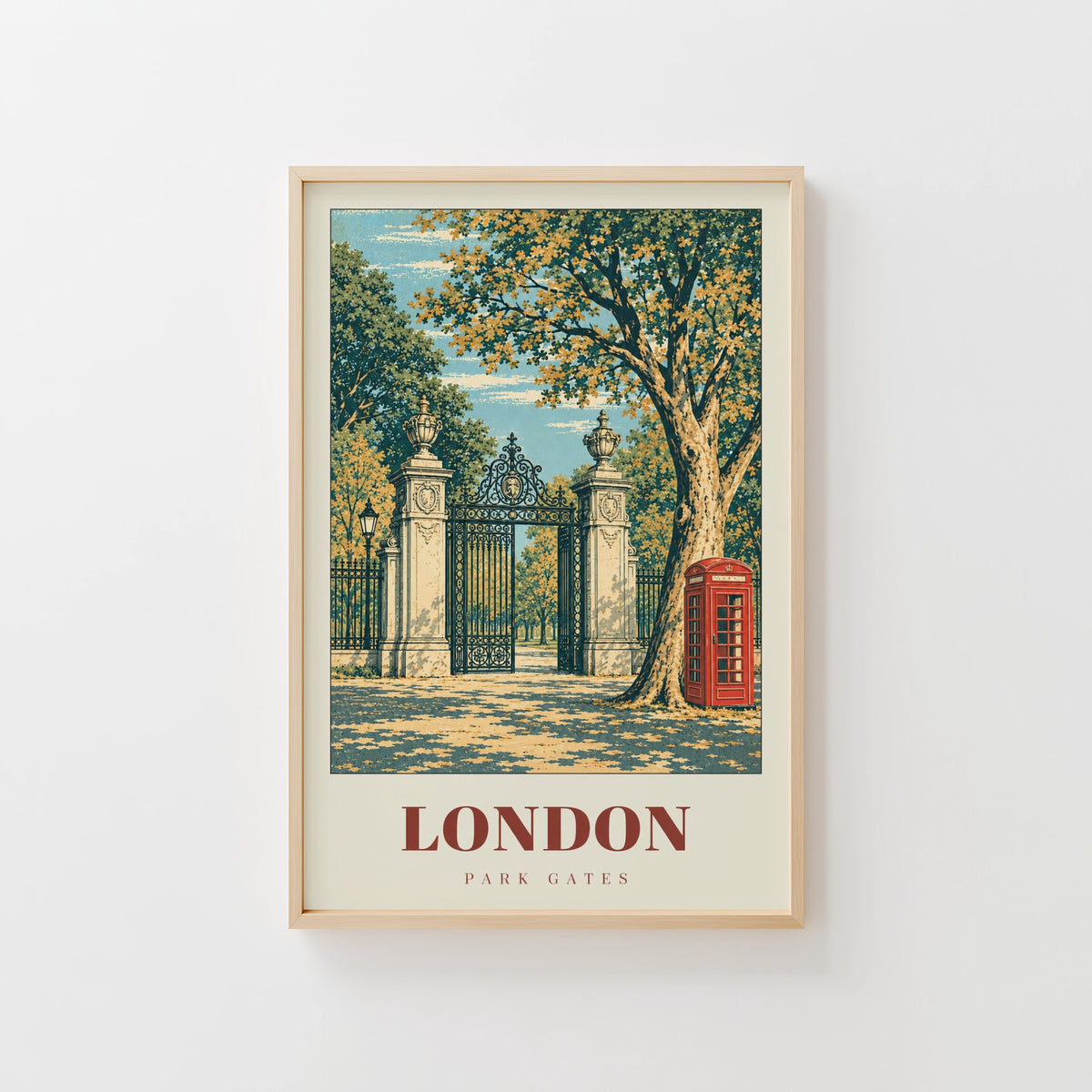Vintage London Park Gates Poster, Red Phone Box Print
