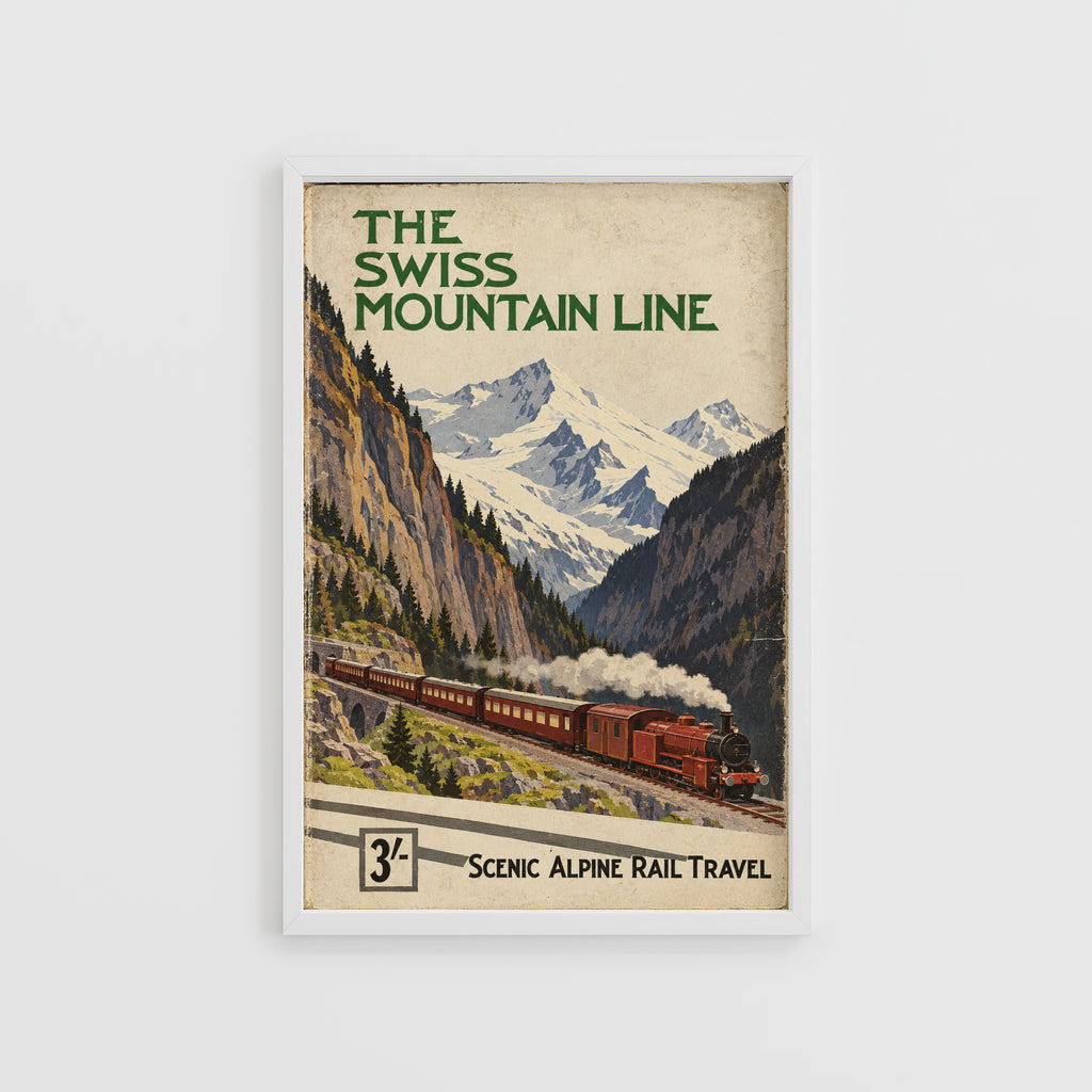 Vintage Swiss Mountain Line Print Poster, Alpine Train
