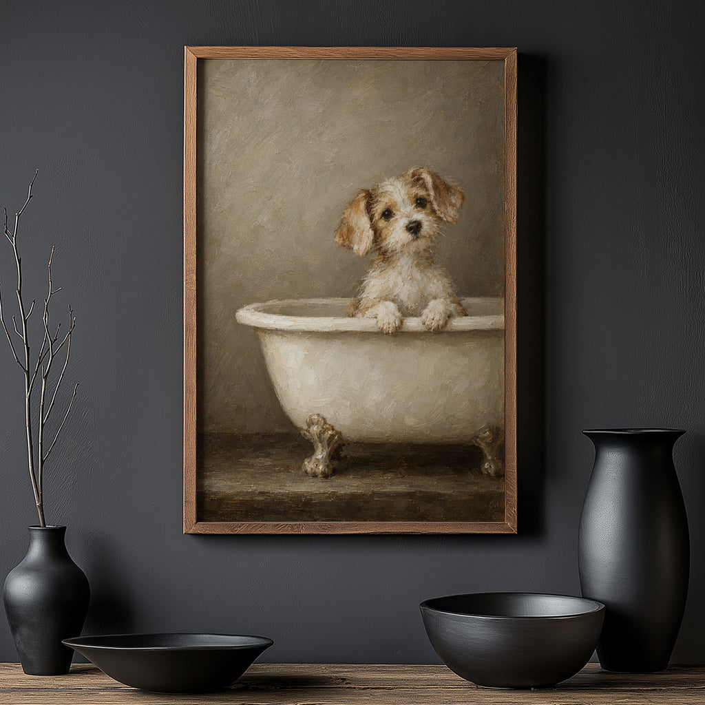 Vintage Dog in Bathtub Print and Poster, Bathroom Wall Art