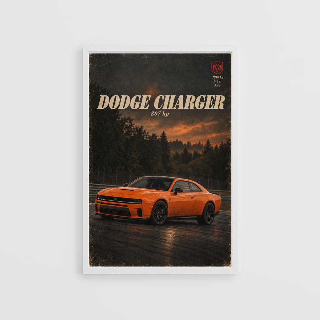 Vintage Dodge Charger Print, Orange Muscle Car Art