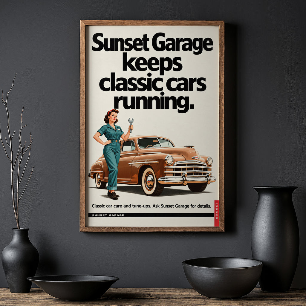 Vintage Garage Poster, Classic Car Print, Retro Wall Art