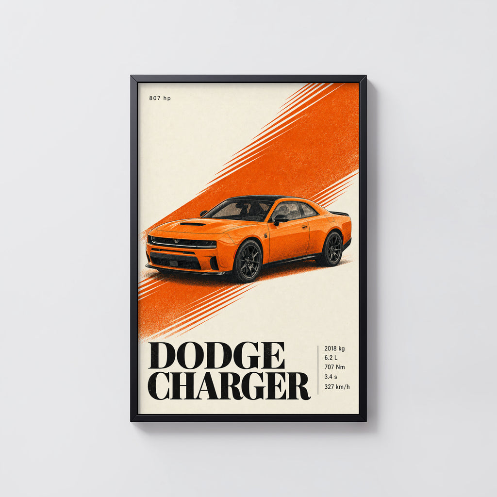 Vintage Dodge Charger Print, Orange Muscle Car