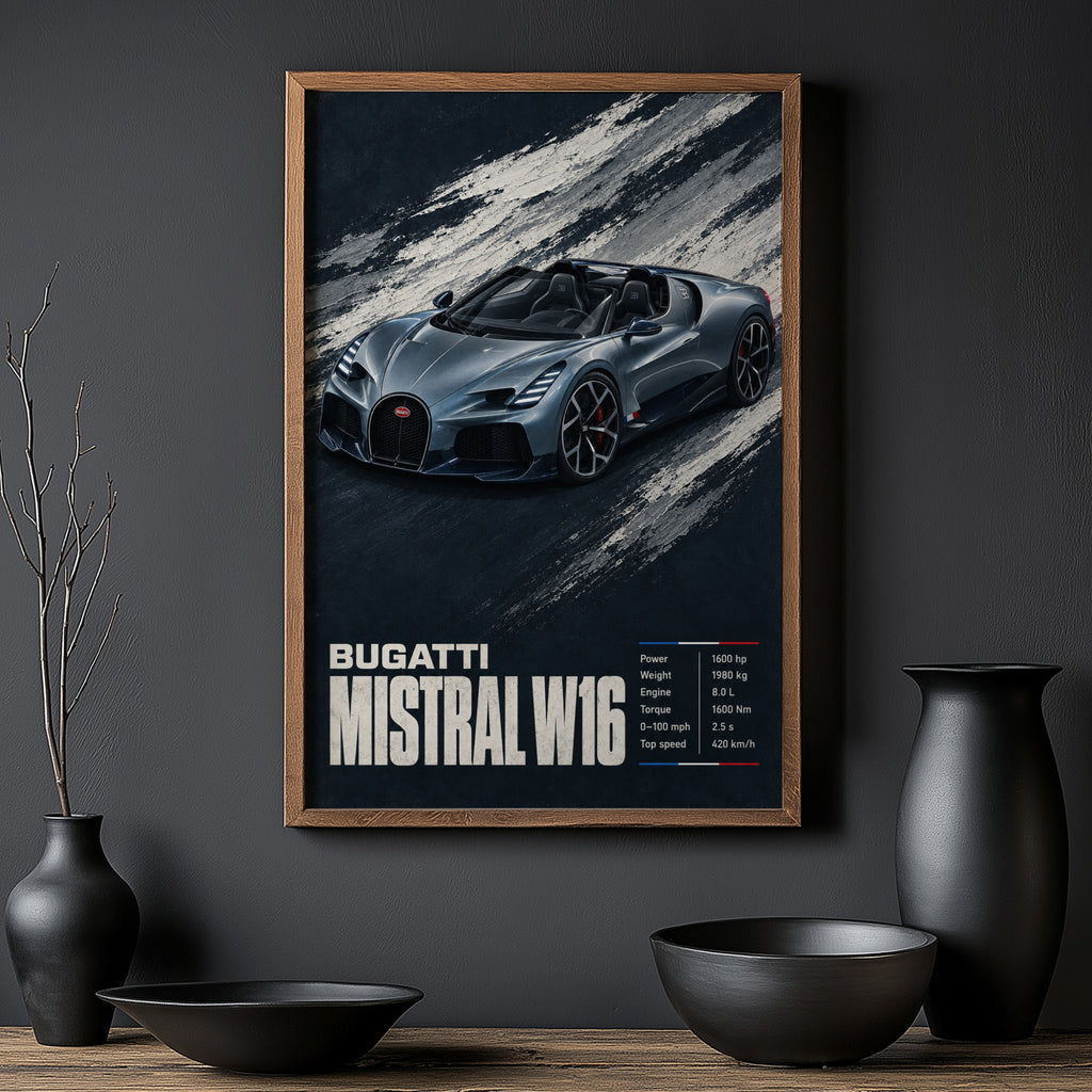 Vintage Bugatti Mistral W16 Print, Car Wall Art