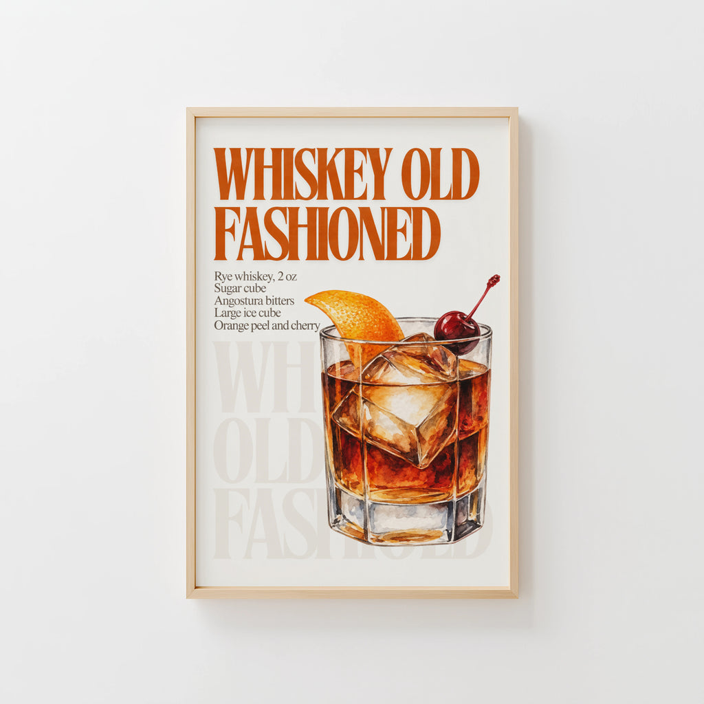 Vintage Old Fashioned Cocktail Print Poster, Bar Art