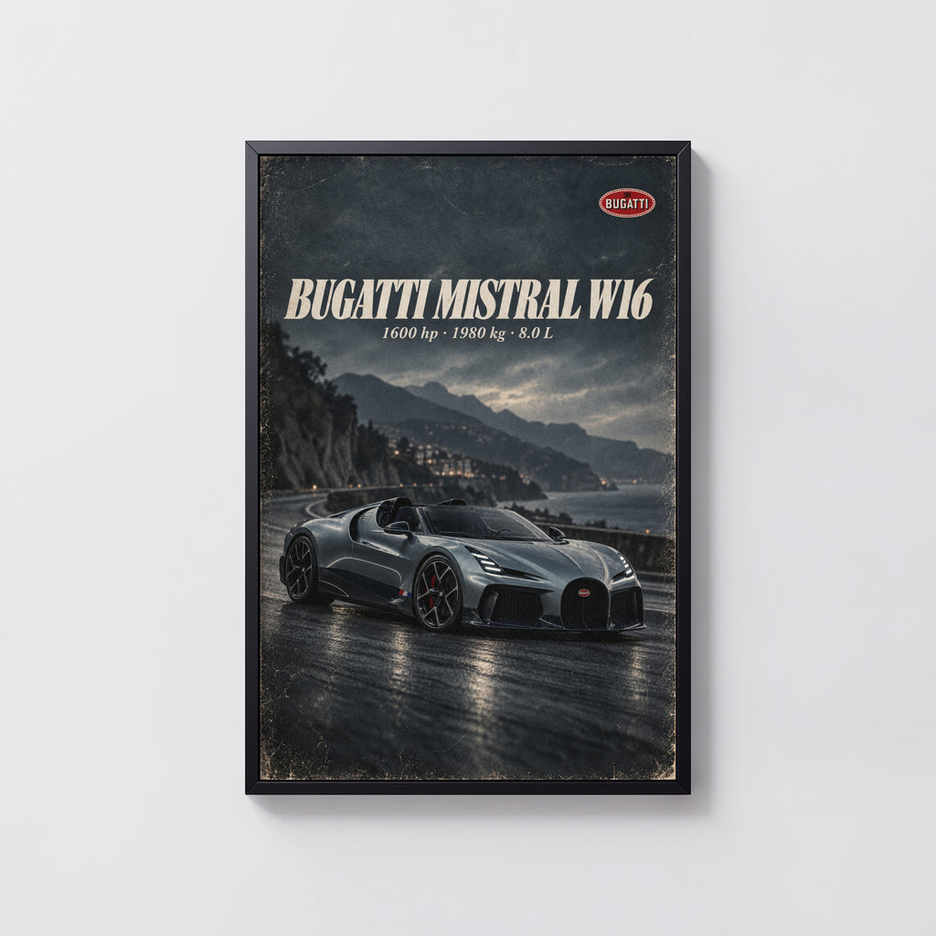 Vintage Bugatti Mistral W16 Print, Supercar Wall Art