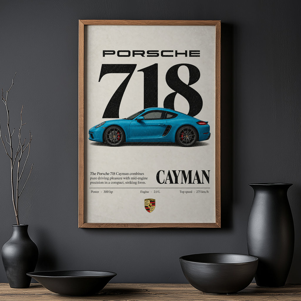 Vintage Print, Porsche 718 Cayman Blue Car Art