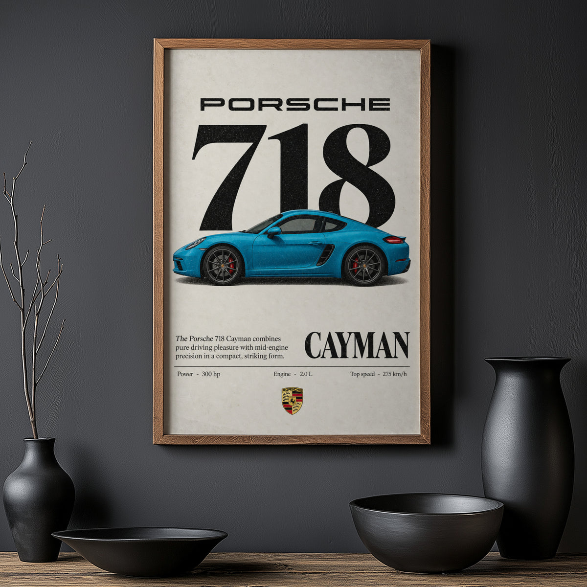 Vintage Print, Porsche 718 Cayman Blue Car Art