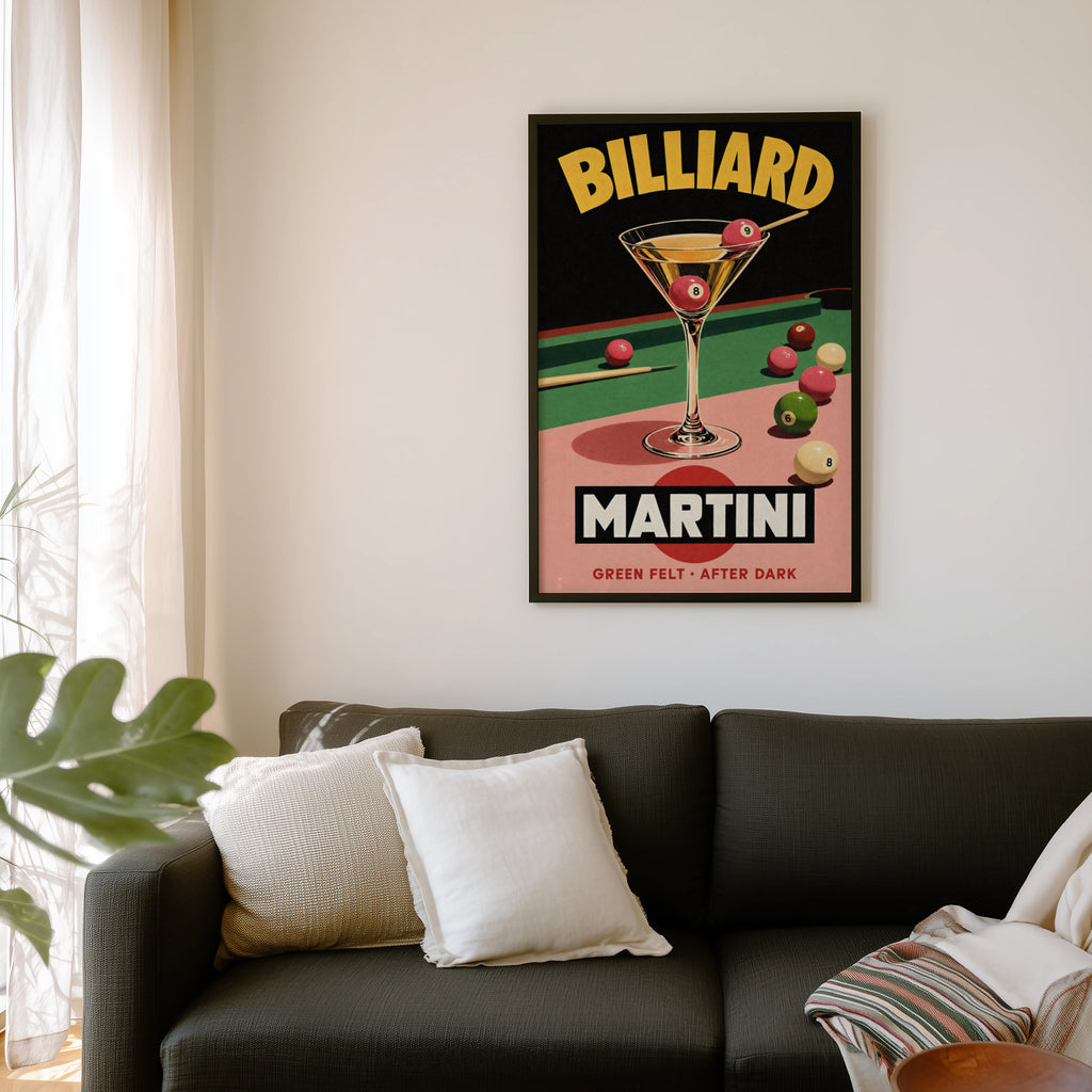 Vintage Billiard Martini Print Poster, Cocktail Bar Art