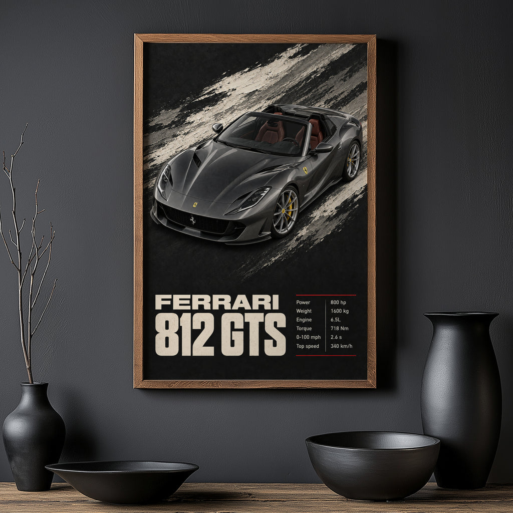 Vintage Ferrari 812 GTS Print, Supercar Wall Art