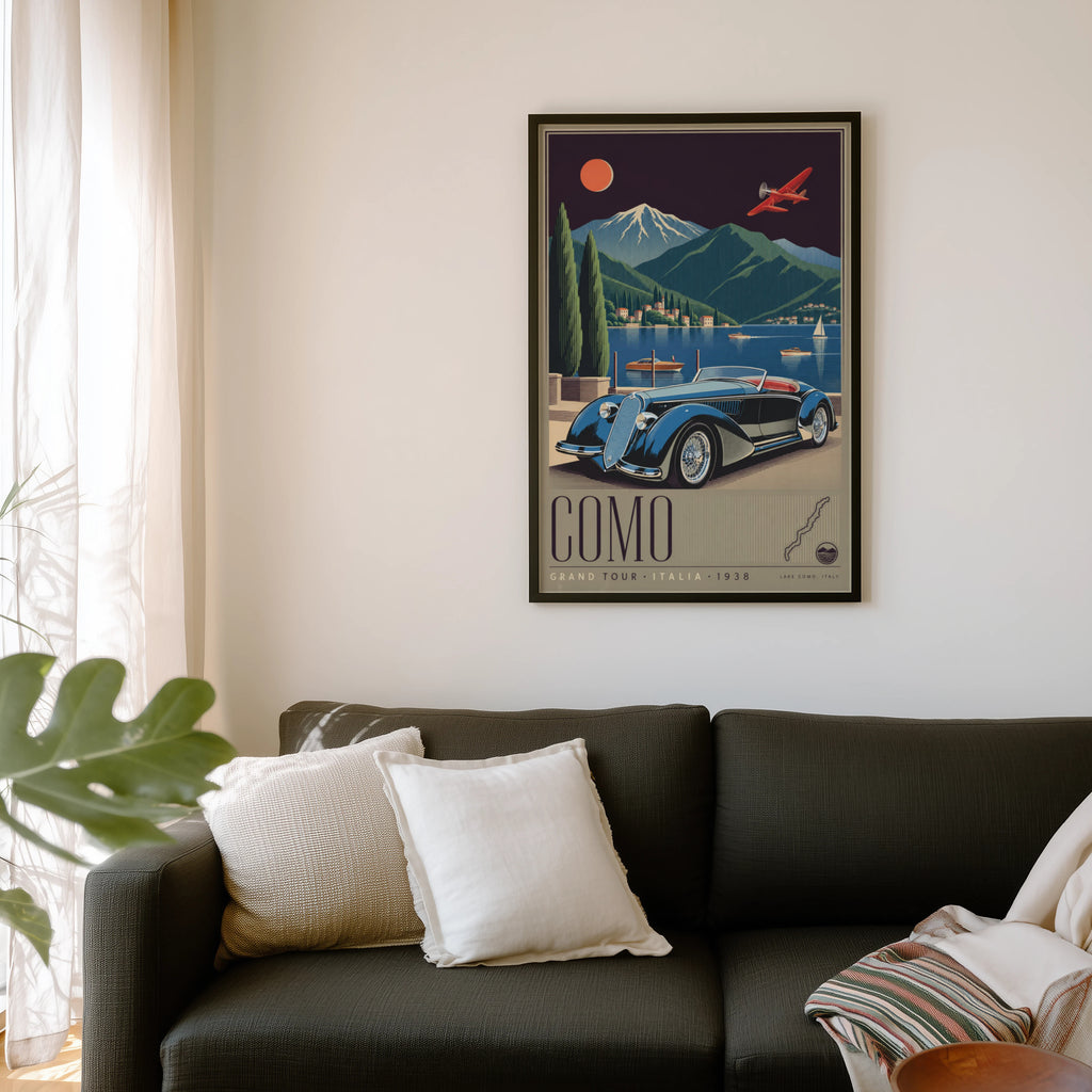 Vintage Lake Como Italy Poster, Art Deco Wall Art, Car Print