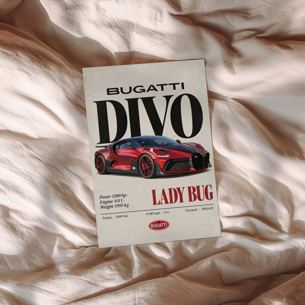 Vintage Bugatti Divo Lady Bug Print, Supercar Art