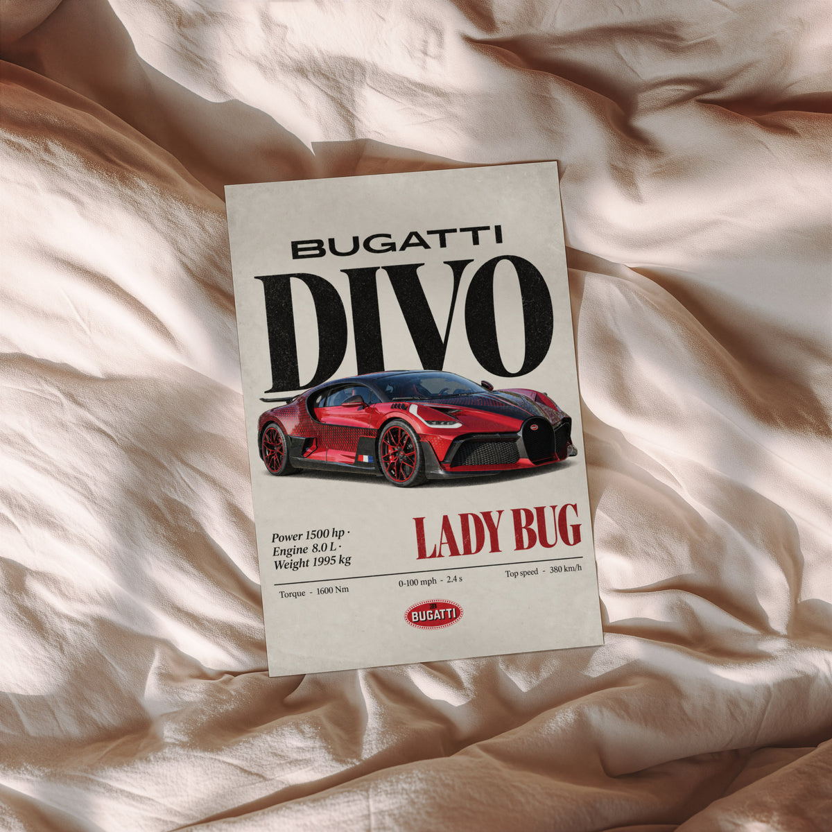 Vintage Bugatti Divo Lady Bug Print, Supercar Art