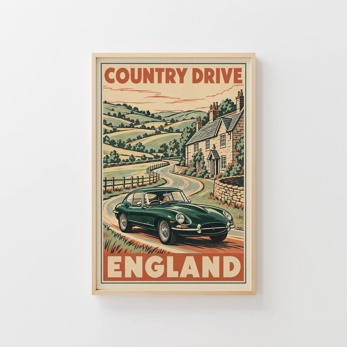 Vintage England Country Drive Poster, Classic Car Print