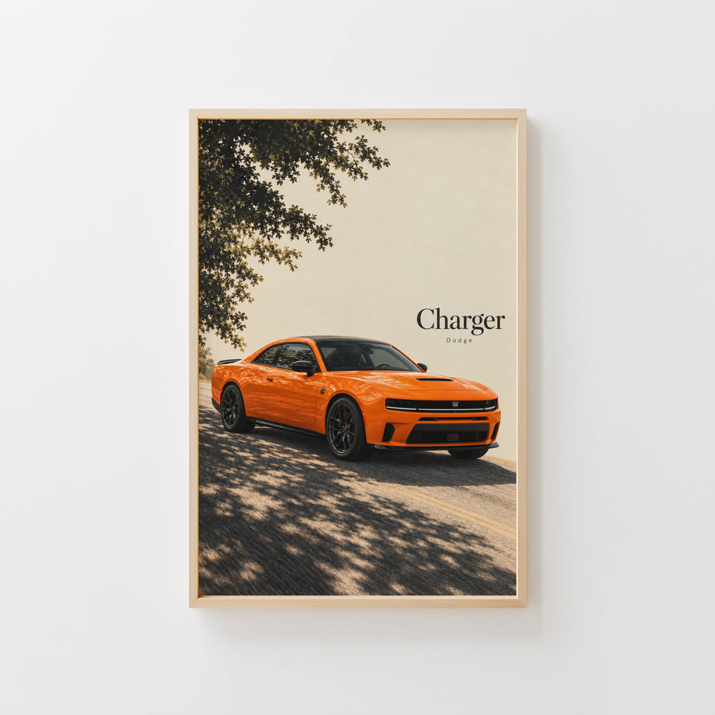 Vintage Dodge Charger Print, Orange Muscle Car Art