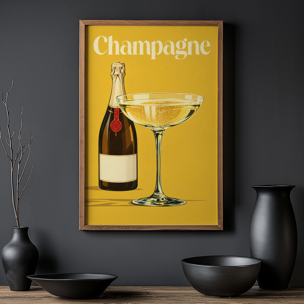 Vintage Champagne Print Poster, Retro Bar Wall Art