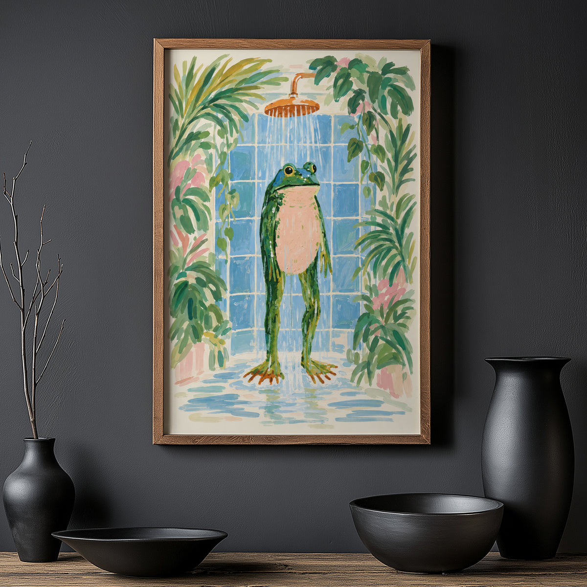 Vintage Frog Shower Print and Poster, Bathroom Art