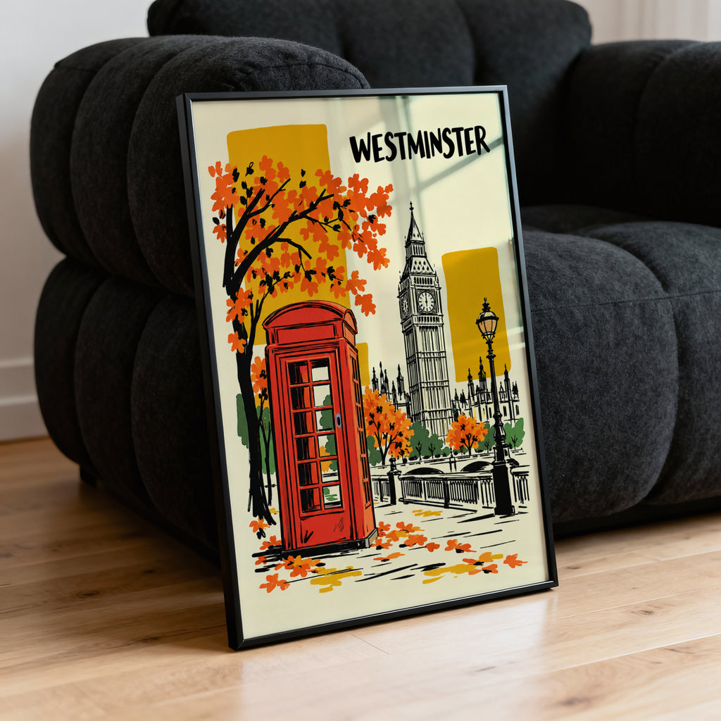 Vintage Westminster London Poster, Red Telephone Box Wall