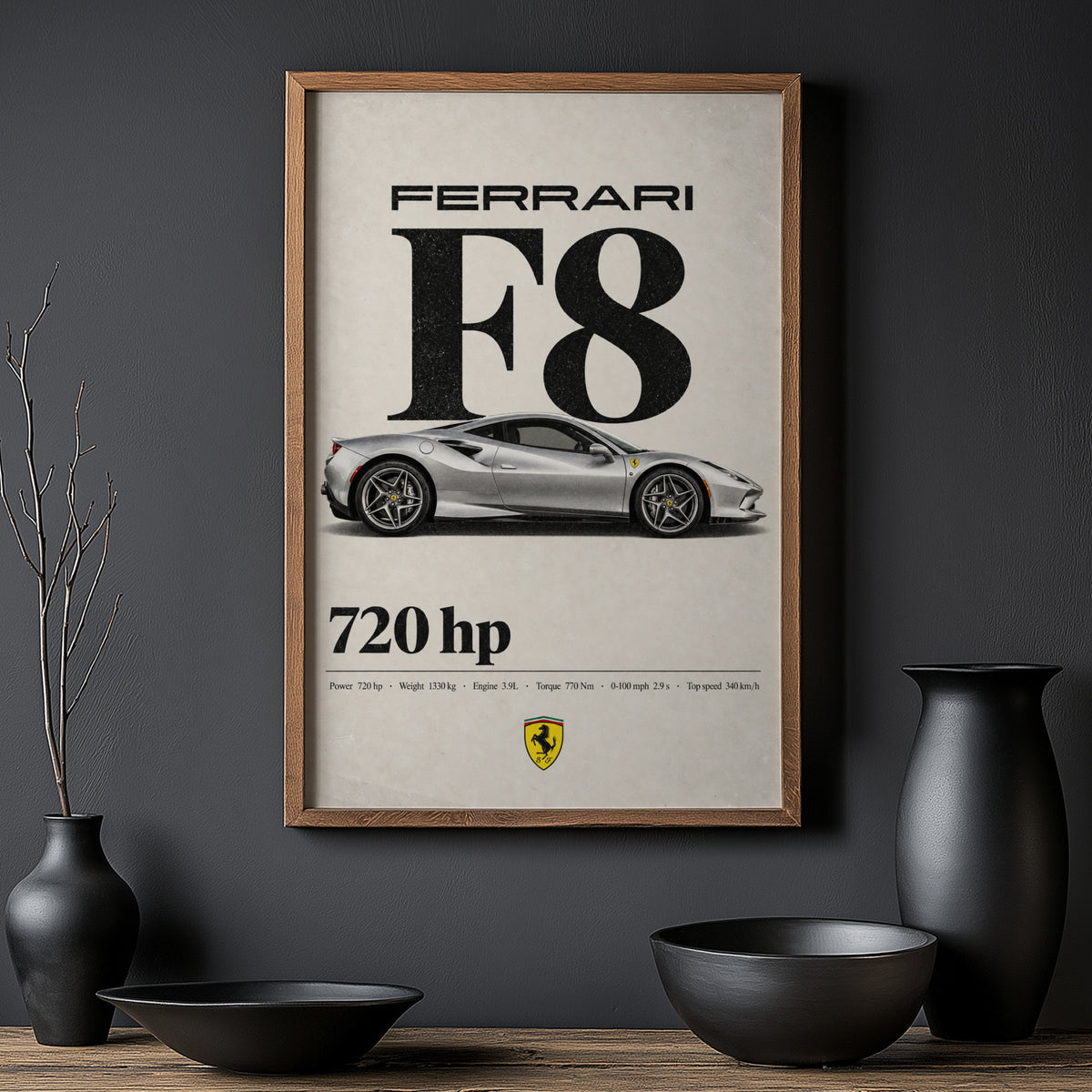 Vintage Ferrari F8 Print, Supercar Wall Art